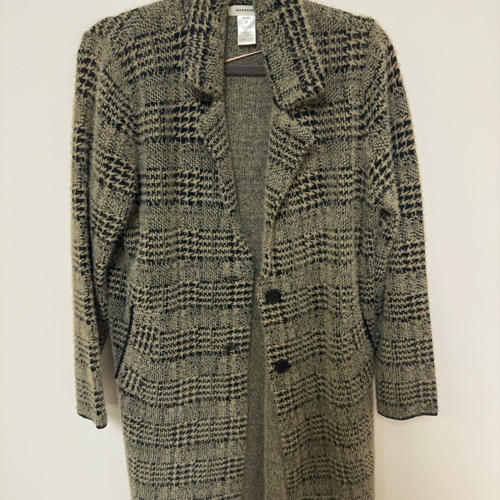 Max Studio Black and Gray Checkered Trench Coat